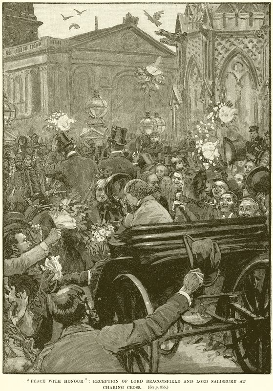 Peace with Honour: Mottagande av Lord Beaconsfield och Lord Salisbury vid Charing Cross av English School