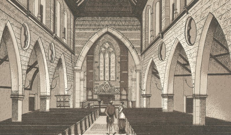 Penarth Church, interiör (litho) av English School