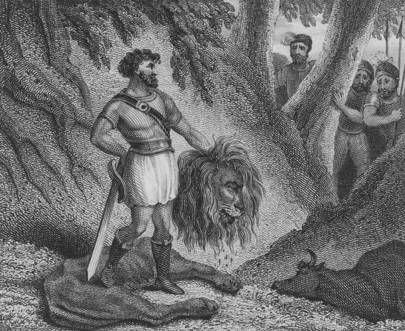 Pepin den korta, frankernas kung, som bevisar sin kroppslängd är inget hinder för hans förmåga att härska genom att döda ett lejon av English School