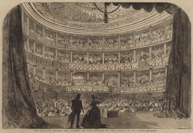 Framträdande inför Hennes Majestät i teatern i Palace of St Cloud (gravyr) av English School