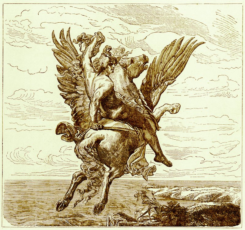 Perseus på den bevingade hästen Pegasus, med Medusas huvud, illustration från The Illustrated History of the World, publicerad ca 1880 (digitalt förbättrad bild) av English School