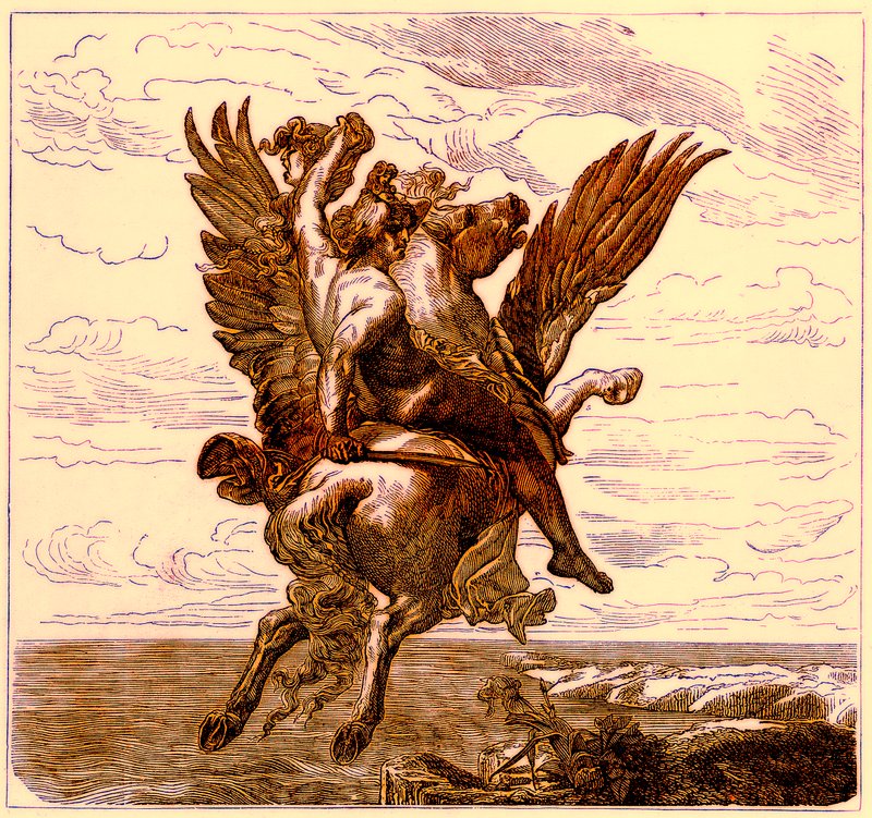 Perseus på den bevingade hästen Pegasus, med Medusas huvud, illustration från The Illustrated History of the World, publicerad ca 1880 (digitalt förbättrad bild) av English School