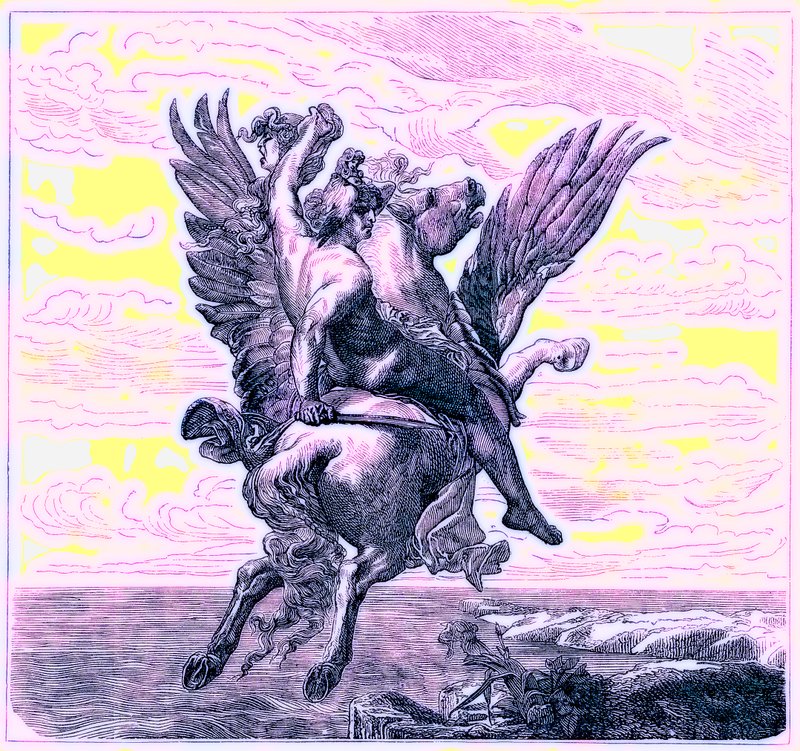 Perseus på den bevingade hästen Pegasus, med Medusas huvud, illustration från The Illustrated History of the World, publicerad ca 1880 (digitalt förbättrad bild) av English School
