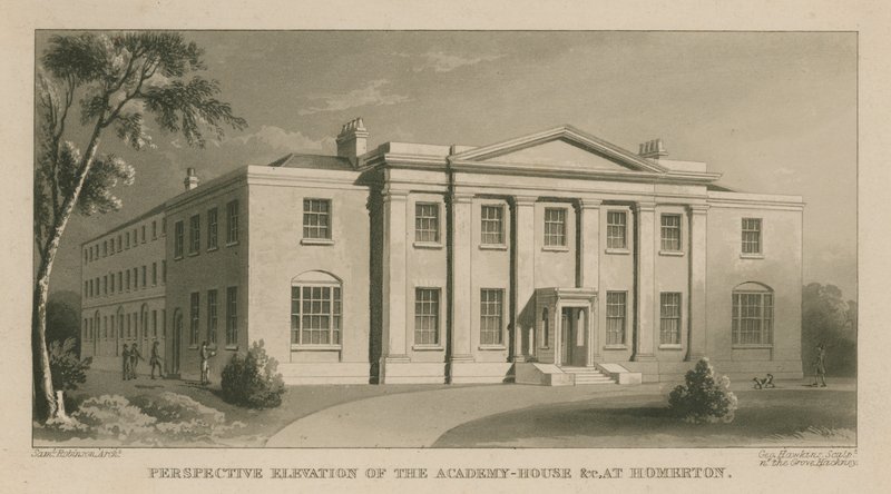 Perspektiv höjd av Academy House i Homerton av English School