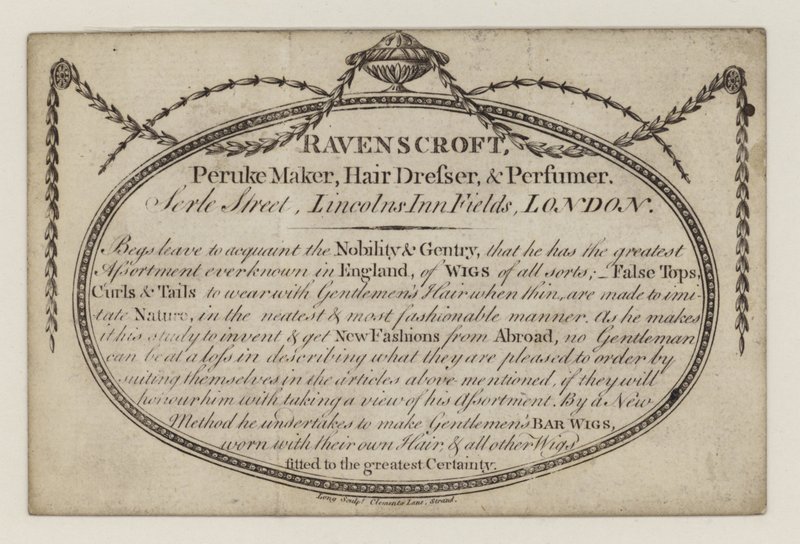 Peruke maker, Ravenscroft, handelskort av English School