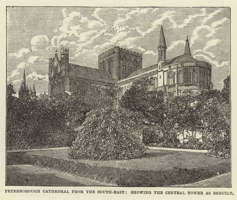 Peterborough-katedralen från sydost, som visar Central Tower som ombyggd av English School