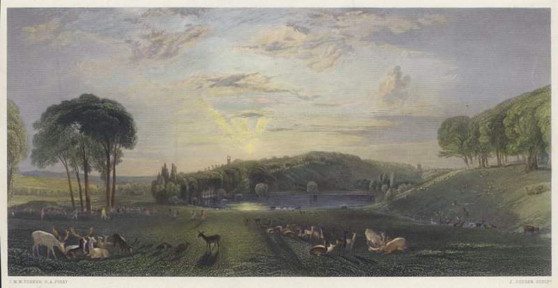 Petworth Park, Sussex (färgad gravyr) av English School