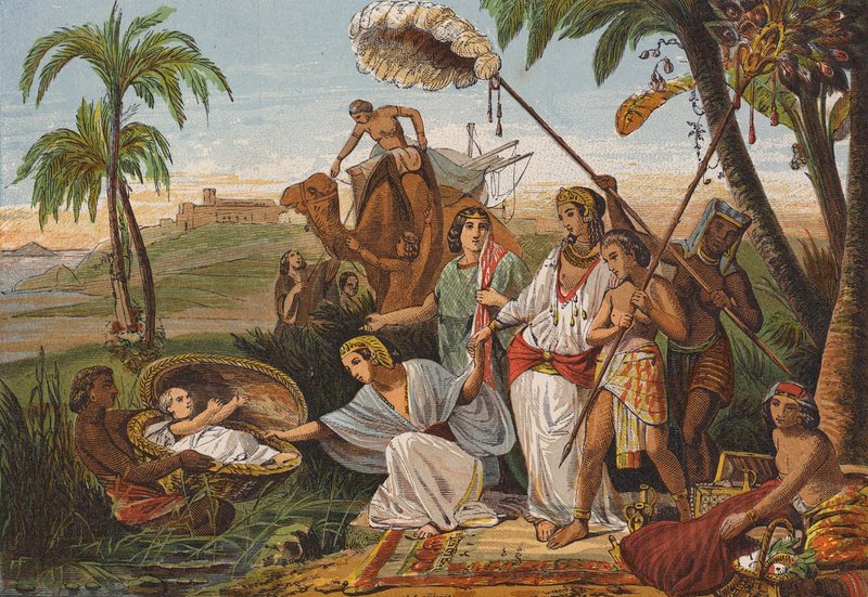 Faraos dotter hittar Moses i buskarna (färglitografi) av English School