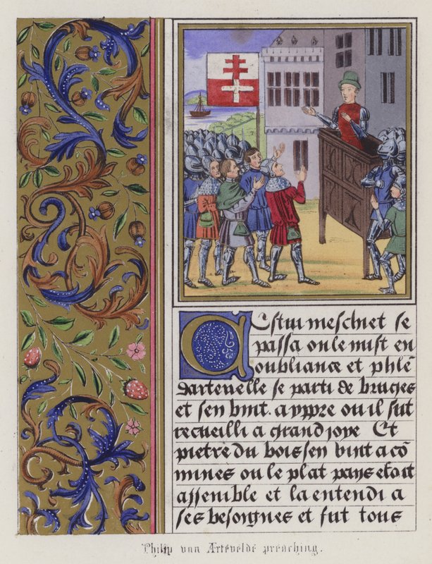 Philip Von Artaveld predikar (färgad gravyr) av English School