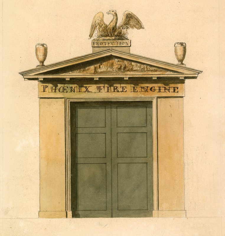 Phoenix Fire Engine House, Cockspur Street, London (wc på papper) av English School