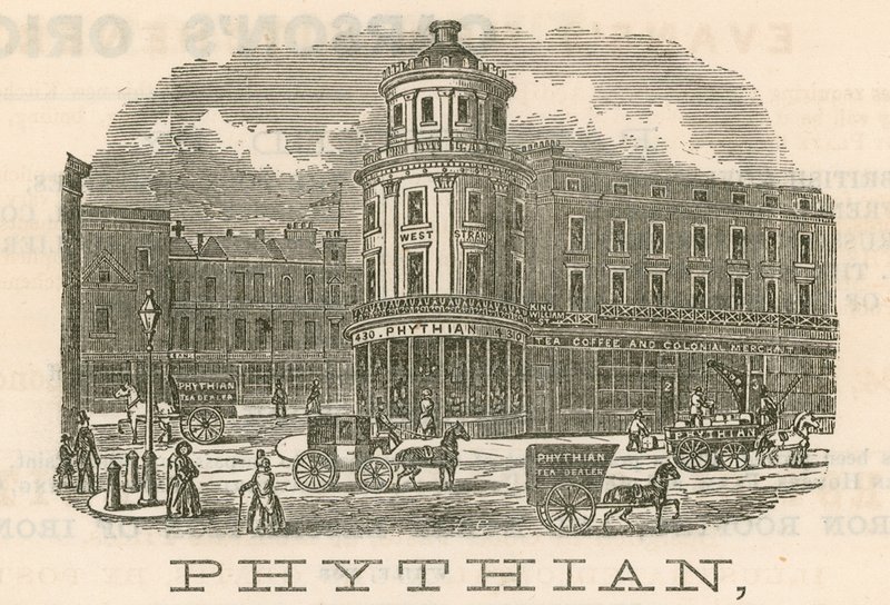 Phythian, grossist- och familjehandlare och utländsk lagerman, 430 West Strand och 1-3 King William Street, London av English School