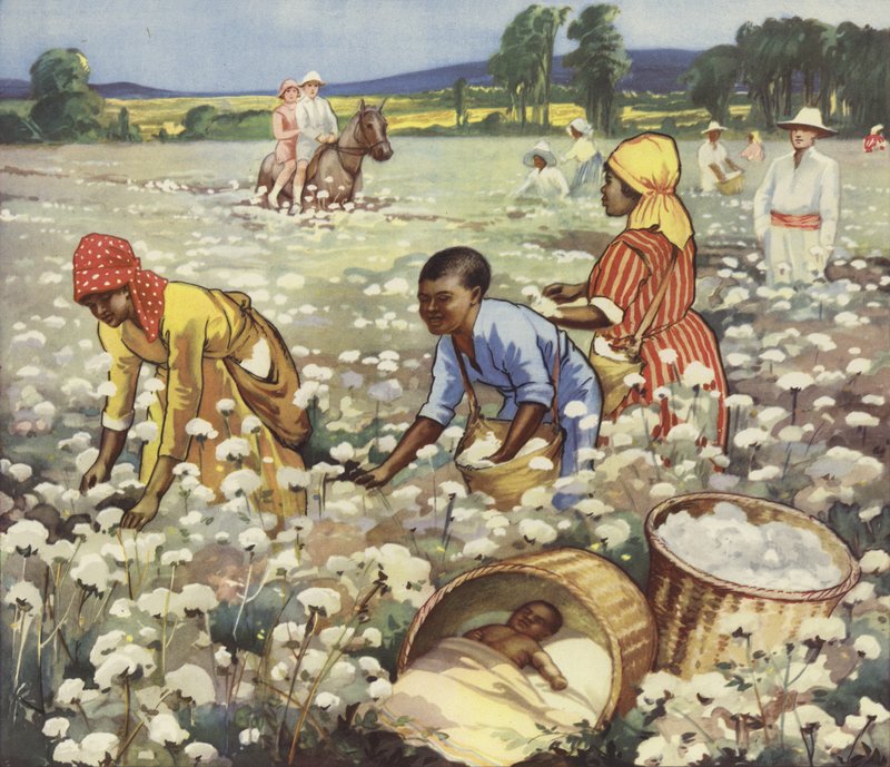 Plocka bomull på en amerikansk plantage (färg litho) av English School