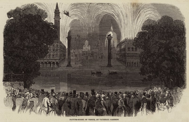 Bild-modell av Venedig, vid Vauxhall Gardens (gravyr) av English School