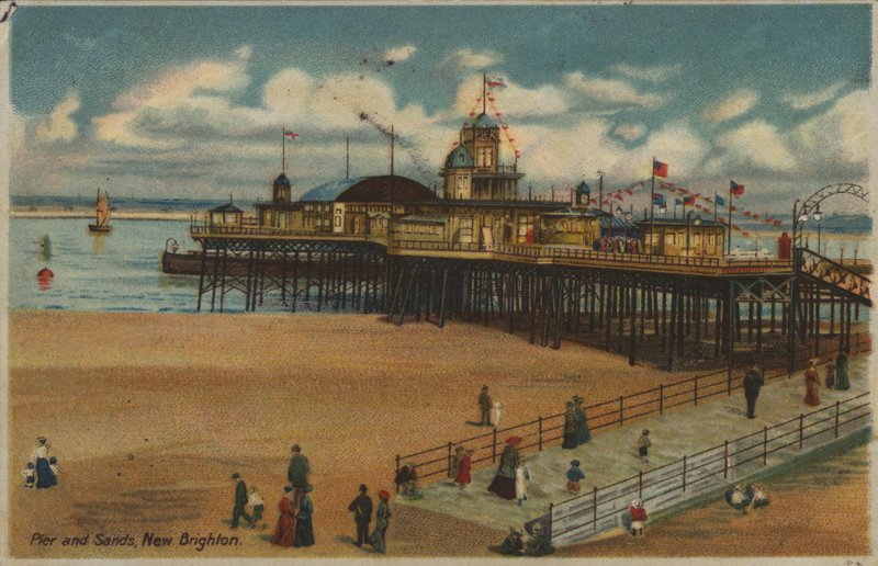 Pir och sand, New Brighton, Merseyside (färg litho) av English School