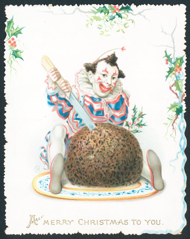 Pjerrotskärning plommonpudding, julkort av English School