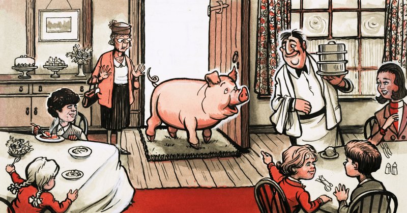 Gris som kommer in på en restaurang av English School