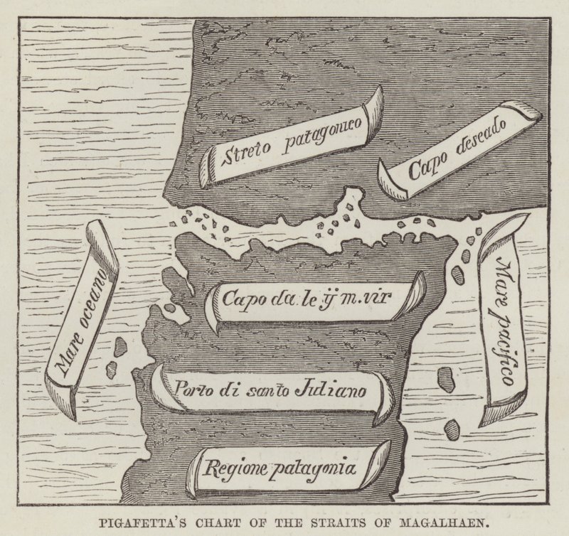 Pigafettas diagram över Magalhaensundet (gravyr) av English School