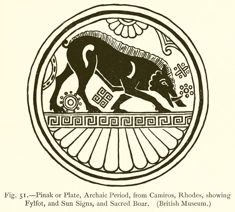 Pinak eller tallrik, arkaisk period, från Camiros, Rhodos, som visar Fylfot och soltecken, och heligt galt av English School