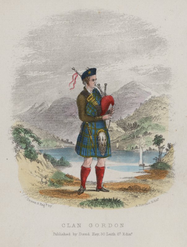 Piper of Clan Gordon, Skottland (färgad gravyr) av English School
