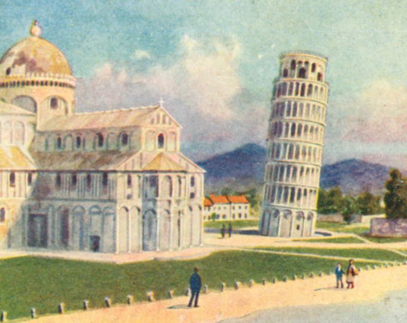 Katedralen i Pisa och lutande tornet (färglitografi) av English School