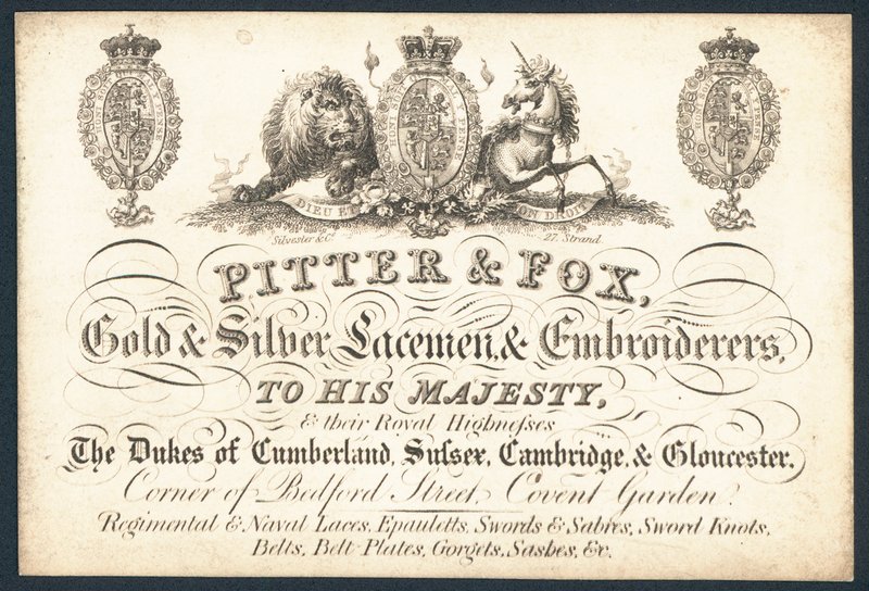 Pitter & Fox, guld och silver spets & broderier, handelskort av English School