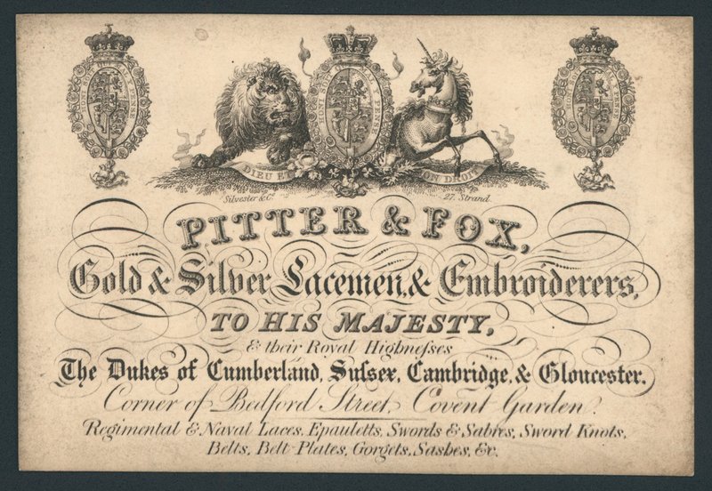 Pitter and Fox, Gold and Silver Laceman and Embroiderers, Bedford Street, Covent Garden, trade card av English School