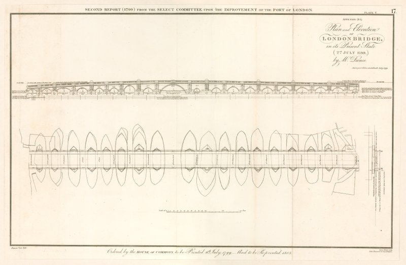 Plan och höjd av London Bridge den 2 juli 1799 av English School