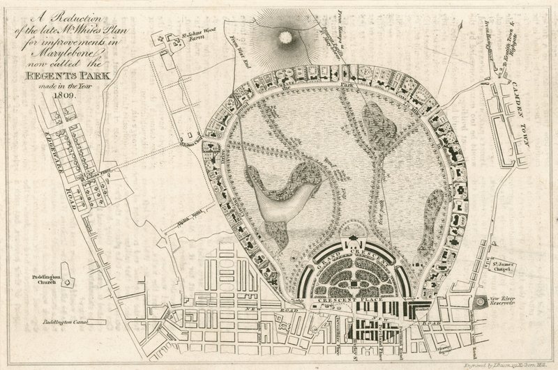 Plan för förbättringar i Marylebone, London, nu kallad Regents Park, gjord 1809 av English School