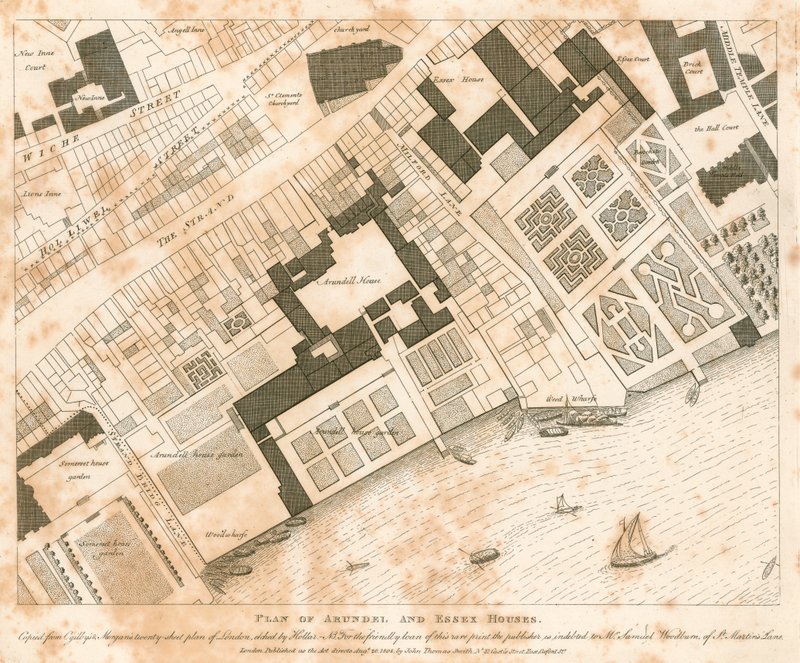 Plan över Arundel och Essex Houses, London av English School