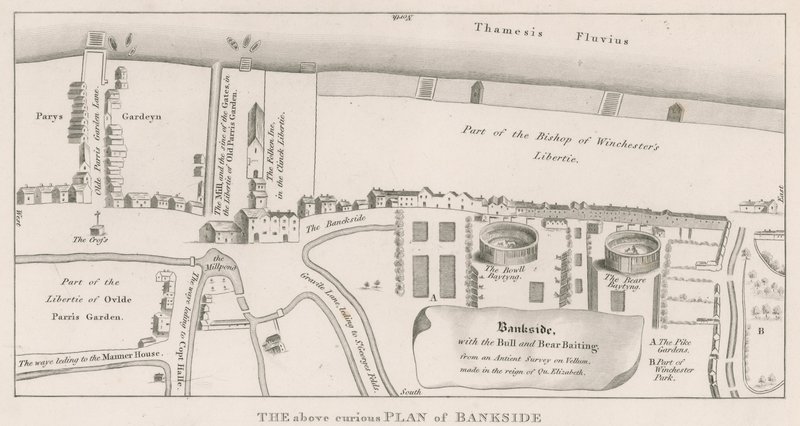 Plan av Bankside på Themsen baserad på en gammal undersökning gjord under drottning Elizabeths regeringstid, som visar tjuren och björnen som agnar av English School