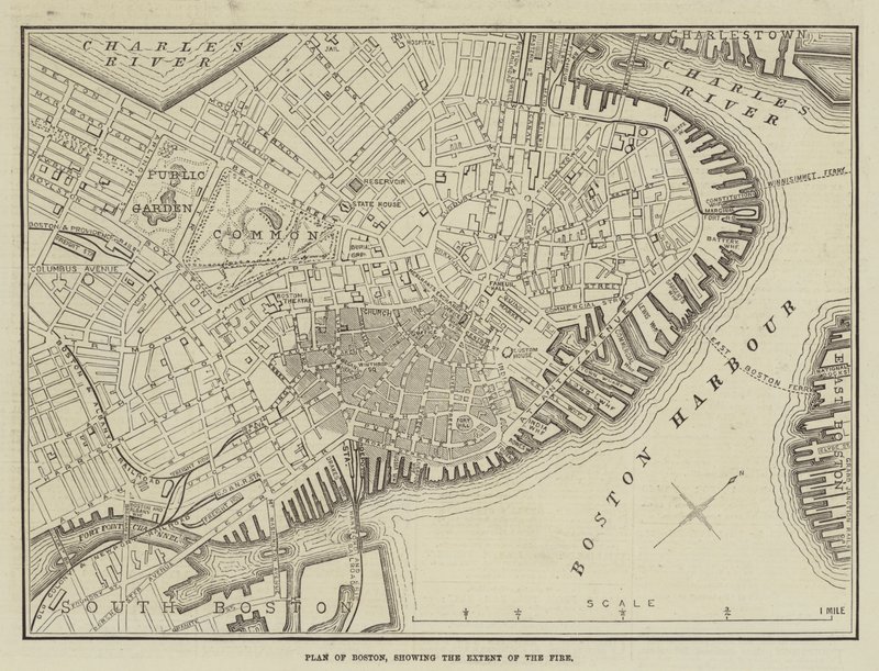 Plan av Boston, som visar omfattningen av elden (gravyr) av English School