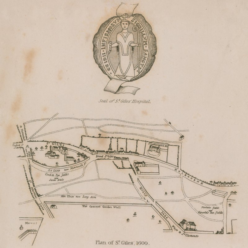 Plan av St Giles in the Fields, London, år 1600 av English School