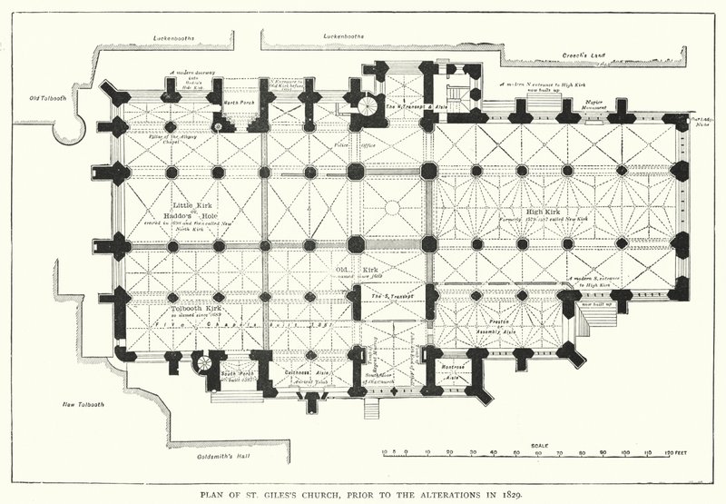 Plan över St Giles kyrka, före förändringarna 1829 (gravyr) av English School