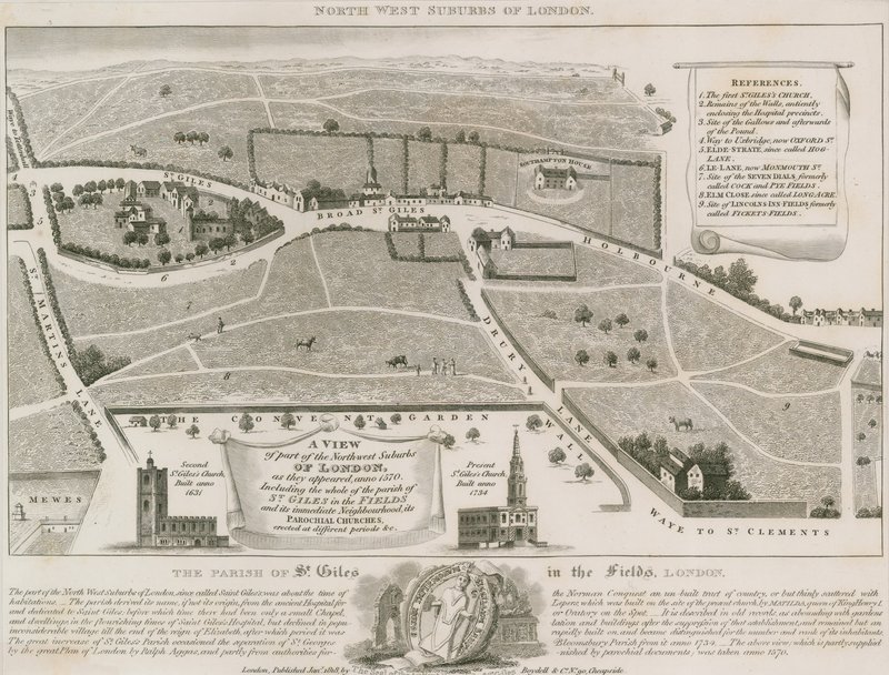 Plan över nordvästra förorter till London runt St Giles in the Fields av English School