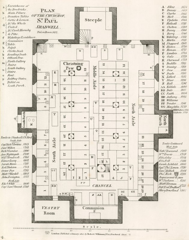 Plan av Church of St Pauls, Shadwell, London, nedtagen 1817 av English School