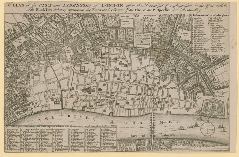 Plan för staden och friheterna i London efter den fruktansvärda branden 1666 av English School
