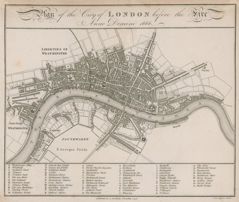Plan för staden London före branden 1666 av English School