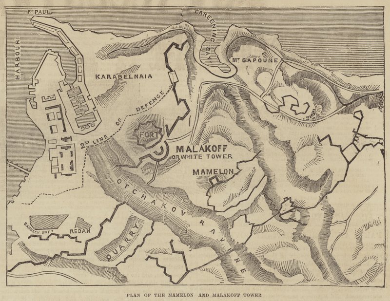 Plan över Mamelon och Malakoff Tower (gravyr) av English School