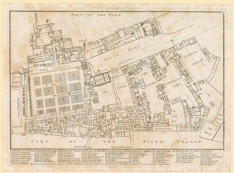 Plan av Palace of Whitehall, tagen under Charles II:s regeringstid, 1680 av English School