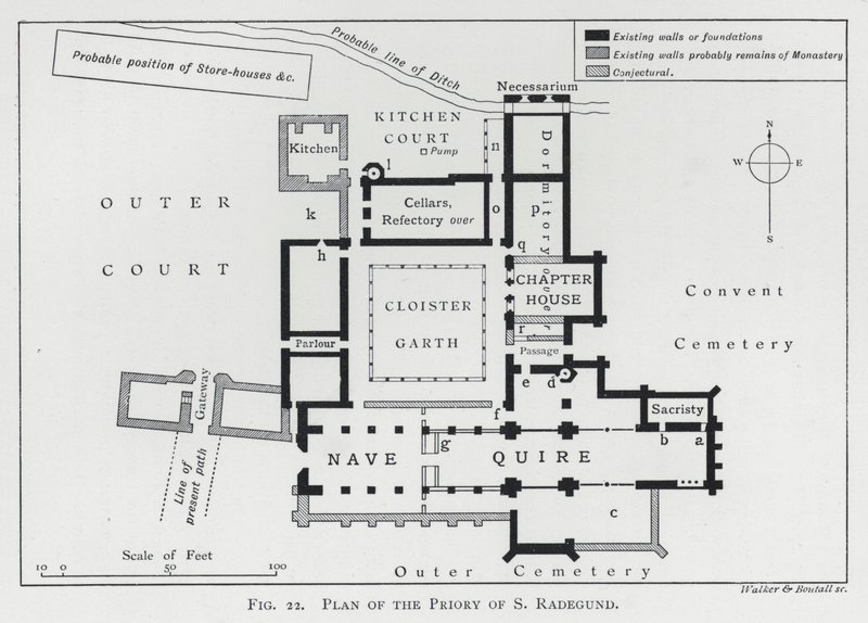 Plan över Priory of S Radegund (gravyr) av English School