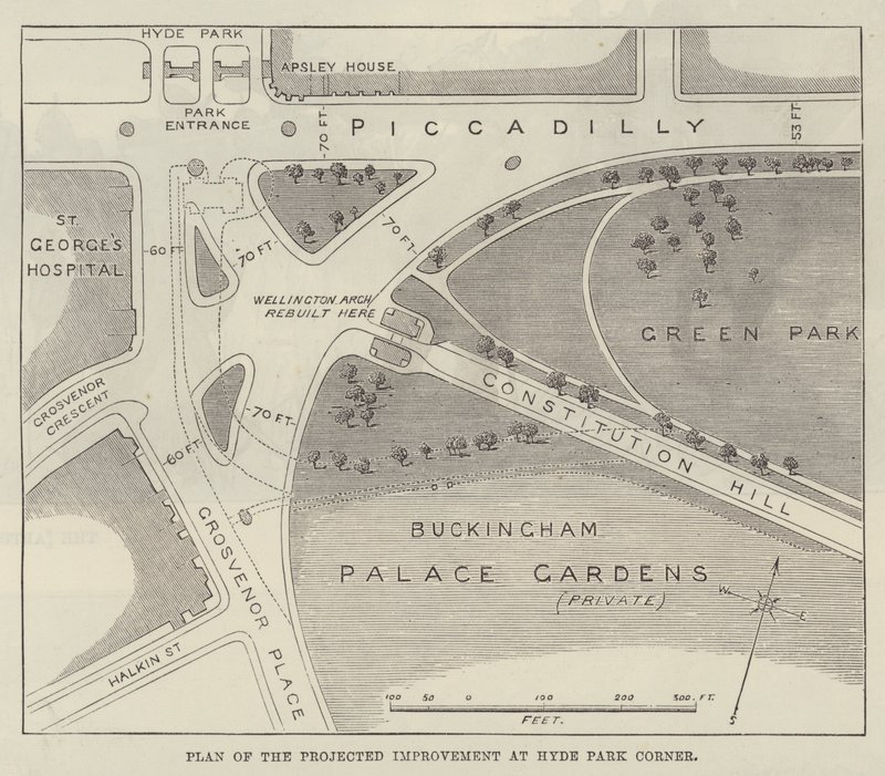 Plan för den planerade förbättringen i Hyde Park Corner (gravyr) av English School