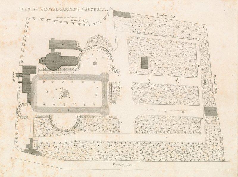 Plan av Royal Gardens, Vauxhall, London av English School