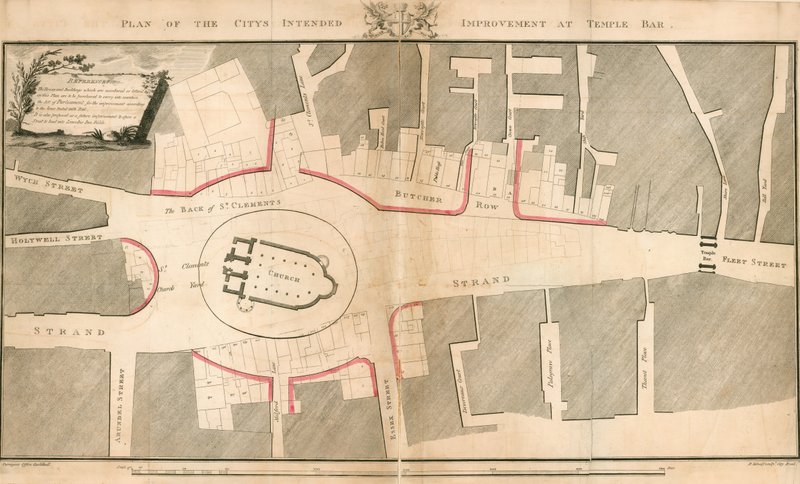 Plan över stadens avsedda förbättring vid Temple Bar, London av English School