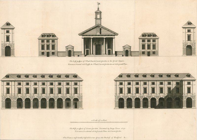 Plan över den östra utsikten av St Pauls Church, Covent Garden och västra utsikten för Covent Garden av English School