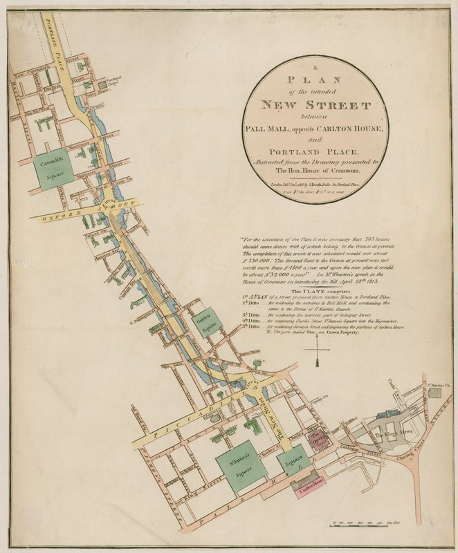 Plan över den tilltänkta nya gatan (Regent Street) mellan Pall Mall och Portland Place av English School
