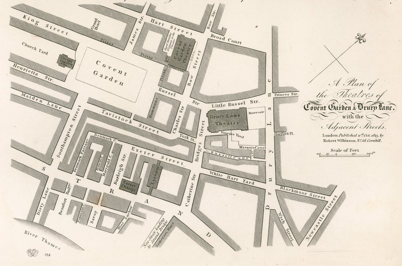 Plan över teatrarna i Covent Garden, London av English School