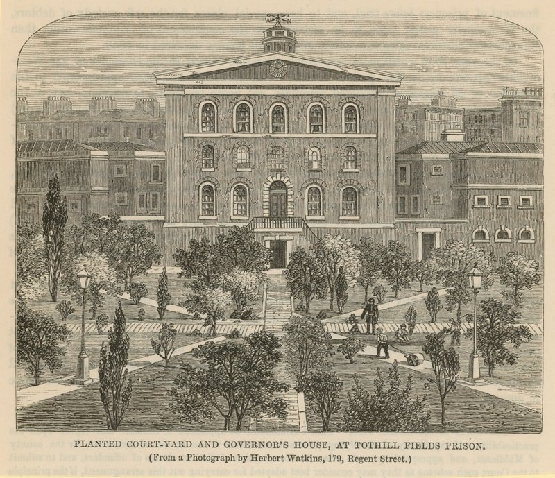 Planterad gårdsplan och Governors House vid Tothill Fields Prison av English School