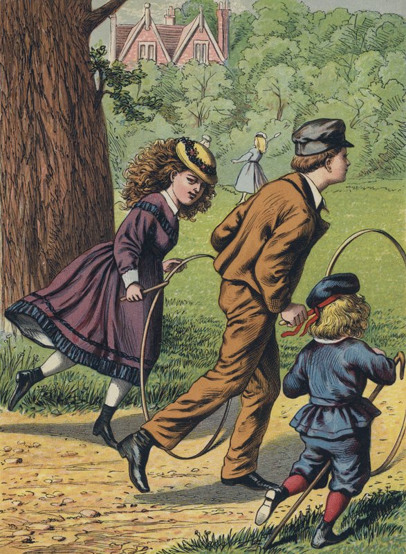Lek med basketkorgar i parken (färglitografi) av English School