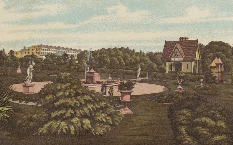 Plymouth: Swiss Lodge and Gardens, Devonport Park (färg litho) av English School