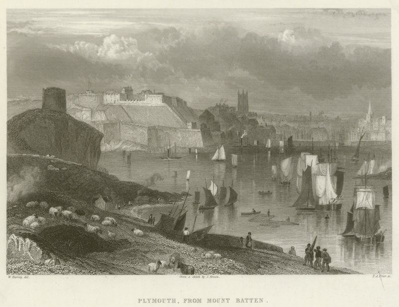 Plymouth, från Mount Batten (gravyr) av English School